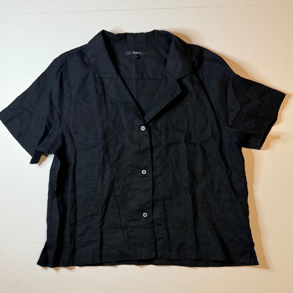 Quince 100% European Linen Short Sleeve Camp Collar Shirt Black Large